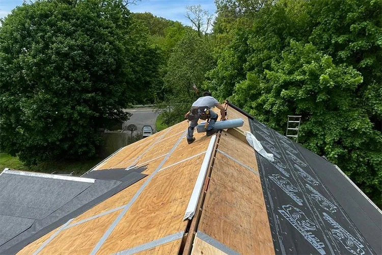 Roof repair and underlayment installation on residential roof in Fairfield County CT